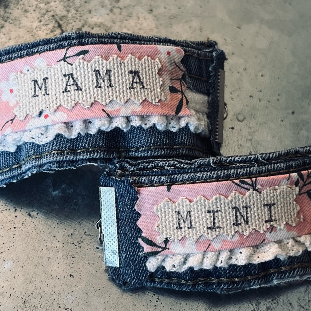Upcycled MaMa and Mini, Denim, Lace, and Pink Floral, Cuff Bracelet Set